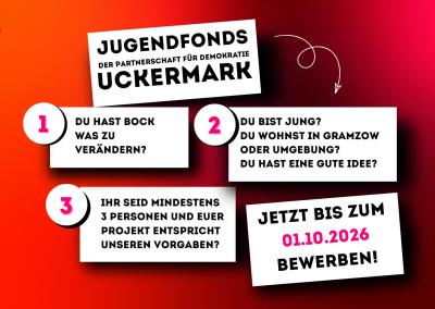 Roter Hintergrund, Schrift mit Aufruf zum Jugendfonds für Gramzow und Umgebung