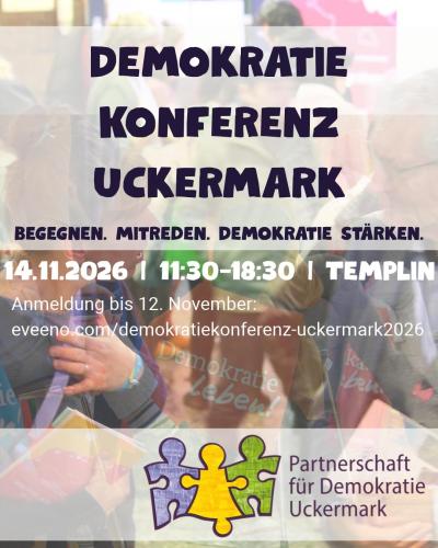 Eine Gruppe von Menschen im Hintergrund, darauf Schrift mit dem Titel udn Datum der Veranstaltung und das Logo der PfD