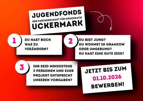 Roter Hintergrund, Schrift mit Aufruf zum Jugendfonds für Gramzow und Umgebung