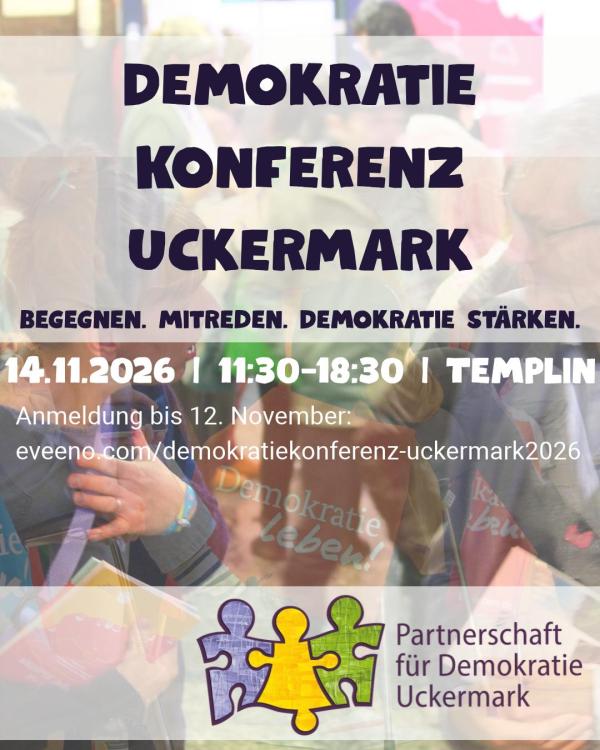 Eine Gruppe von Menschen im Hintergrund, darauf Schrift mit dem Titel udn Datum der Veranstaltung und das Logo der PfD